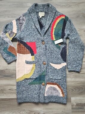 Anthropologie Moth Long Colorful Grey Abstract Print Cardigan